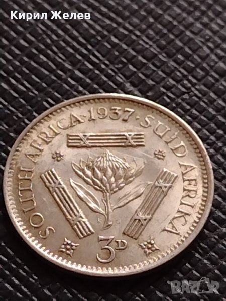 СРЕБЪРНА МОНЕТА 3 пенса 1937г. Южна Африка крал Джордж шести УНИКАТ 26814, снимка 1