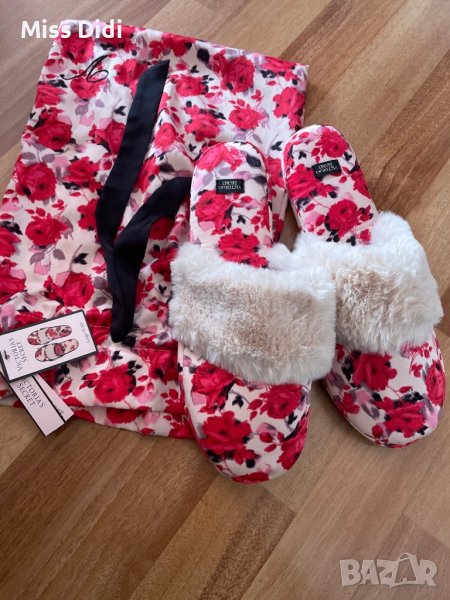 VICTORIA’S SECRET сатенени домашни чехли с цветя и пух,39-40!USA, снимка 1