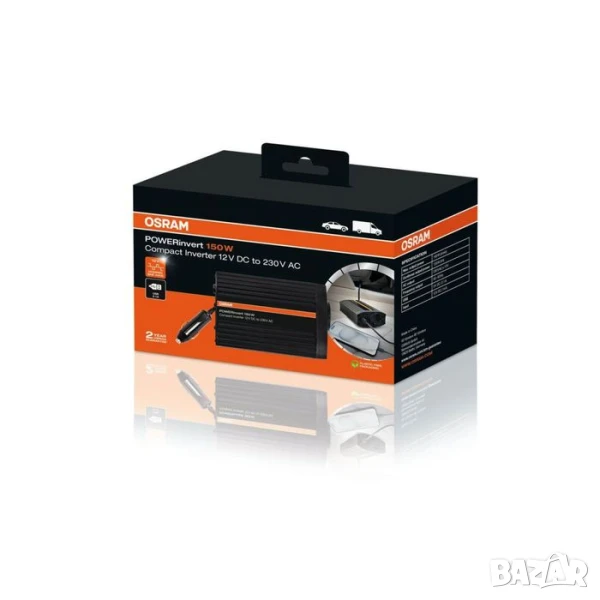 Монофазен токов инвертор Osram POWERinvert 150 12V DC към 230V AC, 150W, 2.1A USB, с един контакт, снимка 1