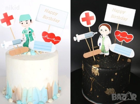 7 бр Лекар Доктор Happy Birthday топер клечки картон декор украса за торта рожден, снимка 1