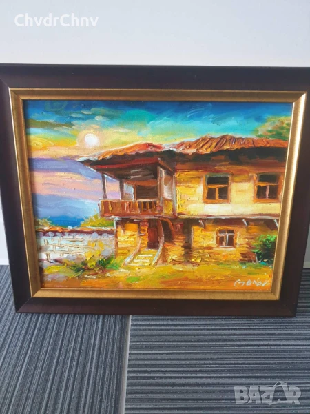 Димитър Генев 33x27см/малка българска картина масло върху платно/стара къща край морето, снимка 1