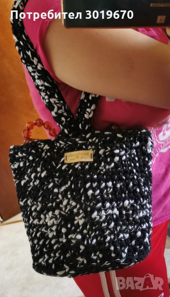  Плетена Черно-бяла чанта, снимка 1