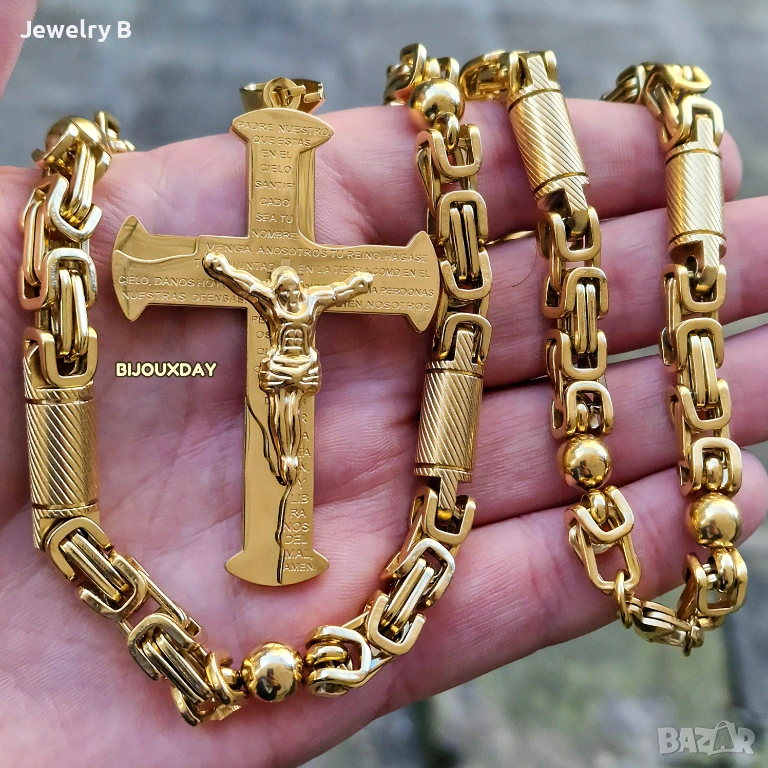  Mасивен мъжки ланец с кръст с позлата, снимка 1