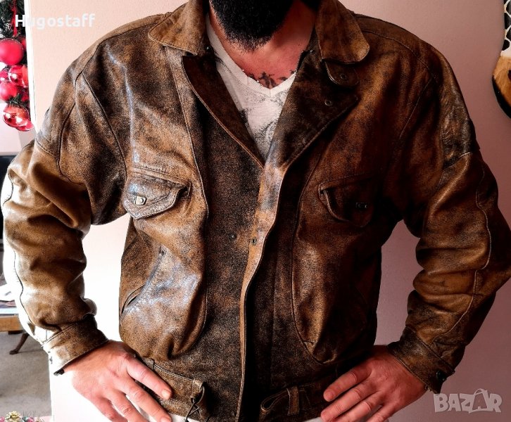 Винтидж марково оригинално cafe racer Моторджиско дебела кожа бомбър пилотско Camel Л/Хл , снимка 1