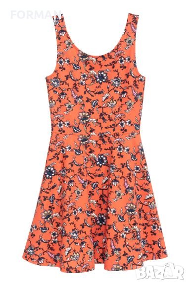 Рокля в портокалов цвят и щампа цветя, снимка 1