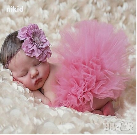 Розова туту пола поличка пачка и лента с пандела за глава за бебе фотосесия фото декор, снимка 1