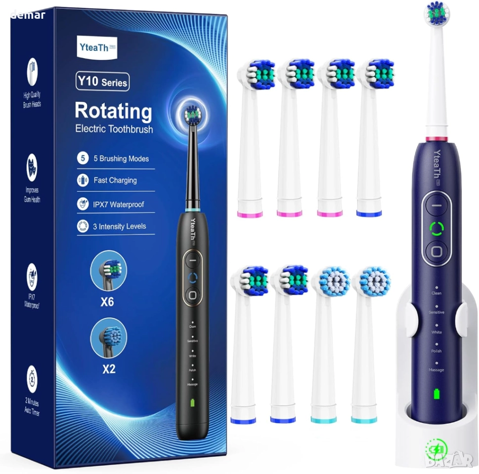 Въртяща се електрическа четка за зъби, 8 глави, 3 интензитета, 5 режима, синя, снимка 1