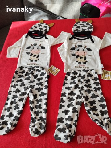 Намалено от 36лв Бебешки комплект от 3 части, боди ританки, шапка Крава, снимка 3 - Комплекти за бебе - 43844369