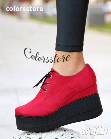 Обувки на платформа - червен велур - 120K