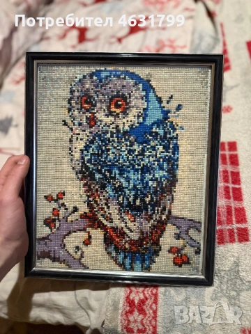 Ръчно изработен диамантен гоблен – Син бухал (30×25 см), снимка 3 - Гоблени - 53048425