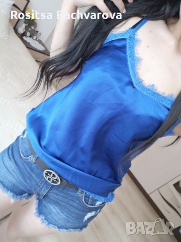 Син сатенен топ, S размер, снимка 6 - Корсети, бюстиета, топове - 28889597