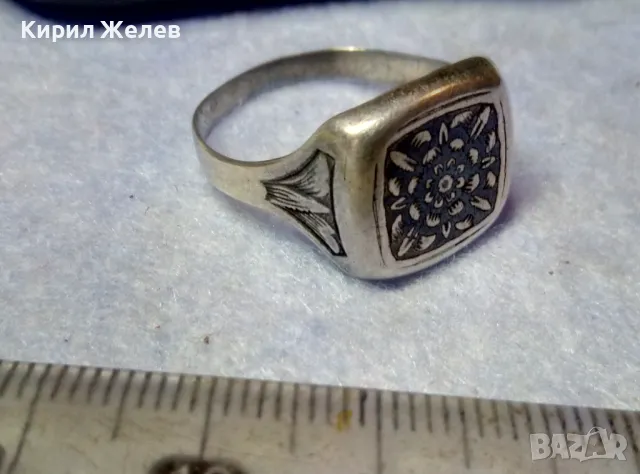 Стар РУСКИ СРЕБЪРЕН ПРЪСТЕН СРЕБРО 875 с НИЕЛО ОРНАМЕНТИКА и ПЕЧАТИ 5СЧ СЪРП и ЧУК в ПЕТОЛЪЧКА 47494, снимка 2 - Антикварни и старинни предмети - 49294727