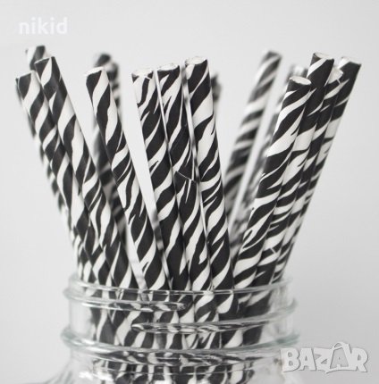 25 бр картонени сламки черно бели райе Зебра парти украса декорация рожден ден