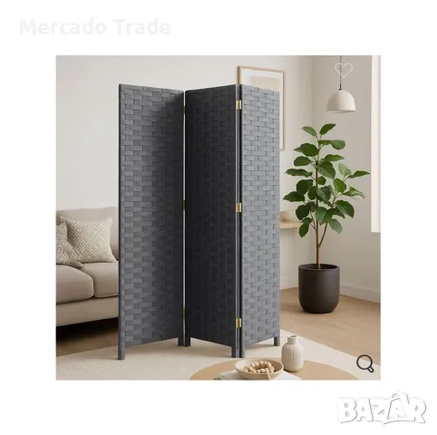 Декоративен троен параван Mercado Trade, Ратан, Сив, снимка 1