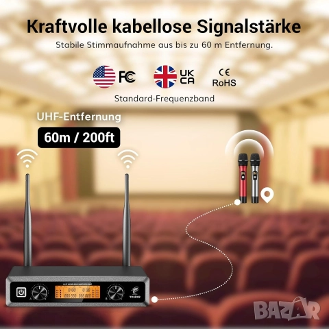 Комплект 2бр професионални безжични микрофона с приемник, TONOR TW820, снимка 3 - Микрофони - 52589944