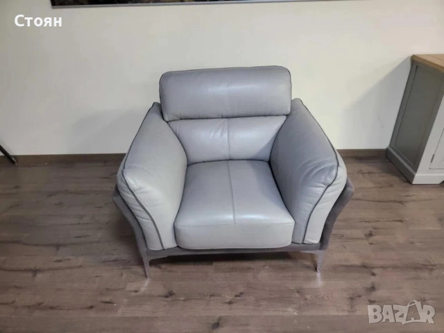 Сив фотьойл от кожа и плат, снимка 7 - Дивани и мека мебел - 52010789