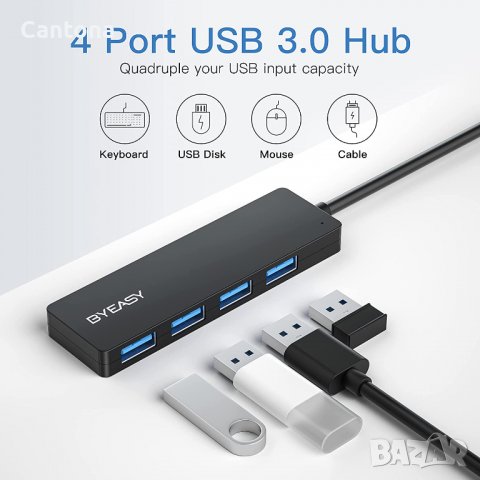 Висококачествен 4-портов USB 3.0 хъб BYEASY, ултра тънък преносим хъб за данни, снимка 2 - Други - 37873096