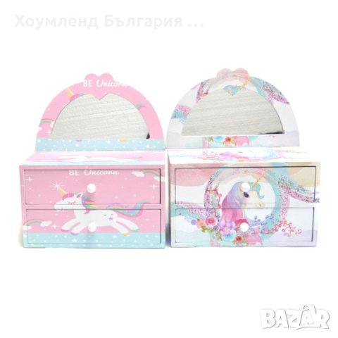 Дървена ракла кутия за бижута Еднорог с две чекмеджета и огледалце, снимка 2 - Други - 44047012