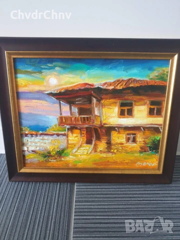 Димитър Генев 33x27см/малка българска картина масло върху платно/стара къща край морето