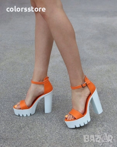 Сандали на ток - оранжева кожа с бяло ходило - 624  , снимка 2 - Сандали - 51492218