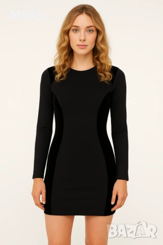 Нова H&M вталяваща черна рокля с дълъг ръкав кадифе XS-S