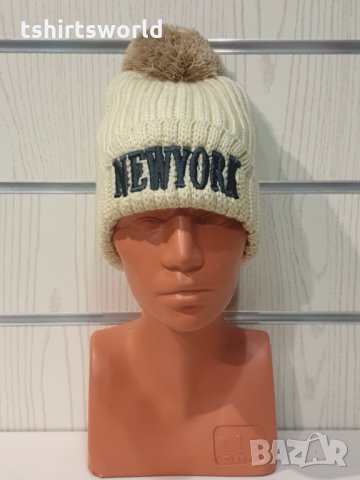 Нова зимна шапка Ню Йорк с помпон/пух