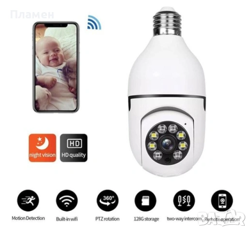 Лампа  панорамна WiFI  IP 360 гр. Звук и сензор Камера за наблюдение и запис E27, снимка 2 - Камери - 53419925