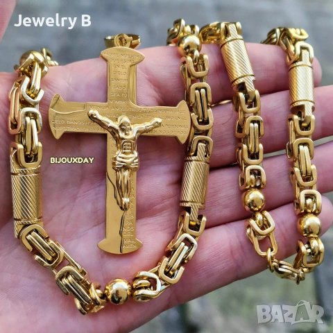  Mасивен мъжки ланец с кръст с позлата