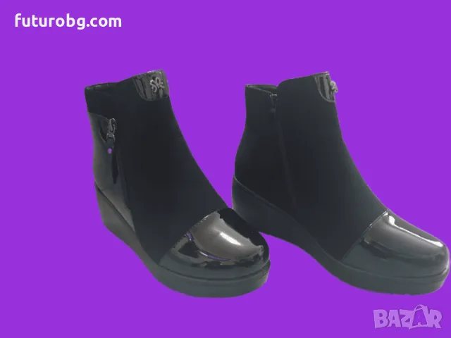 Елегантни дамски черни боти на лека платформа с лачен акцент отпред и отстрани, снимка 3 - Дамски боти - 48482041