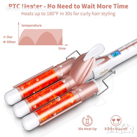 Ohuhu Маша за коса,тройни цевчета,загрява бързо с LCD дисплей за температура, розово злато, снимка 2 - Маши за коса - 43268660