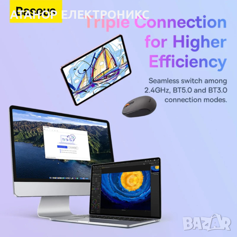Baseus - Безжична мишка Tri-Mode ,Bluetooth 5.0, 2.4G, 1600 DPI - матирано сиво, снимка 4 - Клавиатури и мишки - 44878164