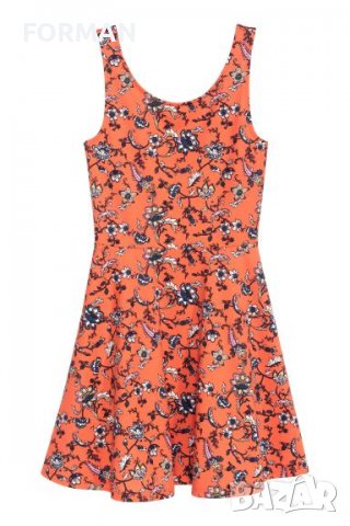 Рокля в портокалов цвят и щампа цветя, снимка 1