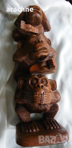 Голяма индонезийска дървена статуетка-"Трите будистки маймуни", снимка 1 - Статуетки - 39549439