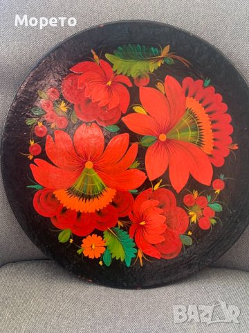 Хохлома-Красива голяма ръчно рисувана чиния-СССР-1, снимка 1 - Антикварни и старинни предмети - 44012246