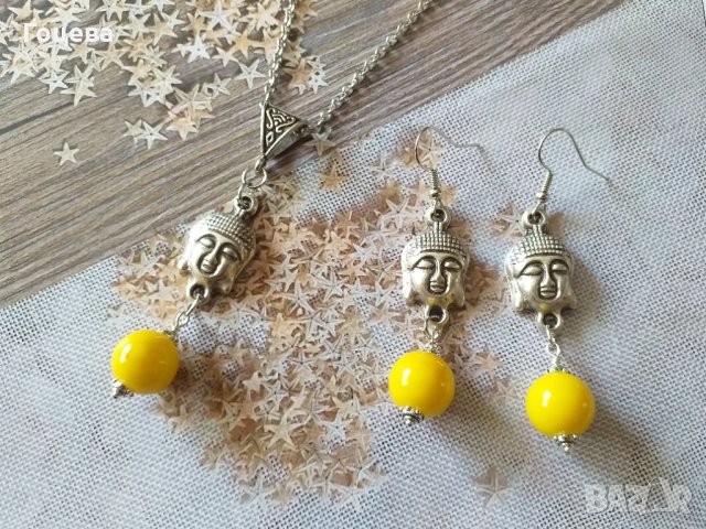Красив комплект бижута Буда с жълти порцеланови мъниста и медальони в цвят сребро , снимка 3 - Бижутерийни комплекти - 33348065