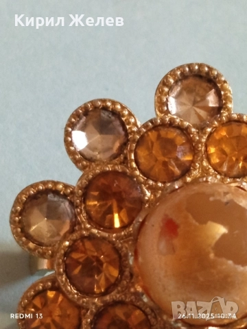 ВИНТИДЖ БРОШКА с КРИСТАЛИ в КЕХЛИБАРЕН ЦВЯТ ЦИТРИН и ПЕРЛА 52186, снимка 3 - Други - 52545661