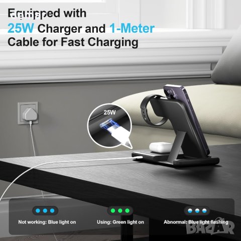 Безжично зарядно устройство 3 в 1 за iPhone, Apple Watch, AirPods (с адаптер ), снимка 7 - Безжични зарядни - 44104727