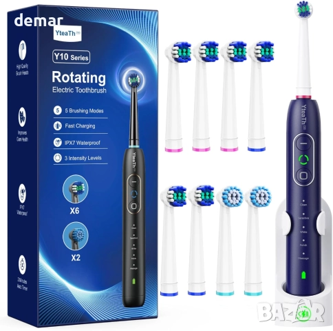 Въртяща се електрическа четка за зъби, 8 глави, 3 интензитета, 5 режима, синя