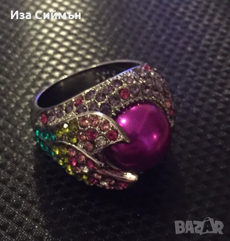 Сребърен пръстен с оцветена перла и множество камъни, снимка 6 - Пръстени - 32502539