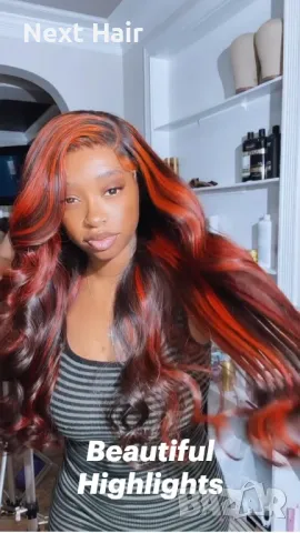 60 см естествена перука с оранжеви кичури, снимка 5 - Аксесоари за коса - 48438405