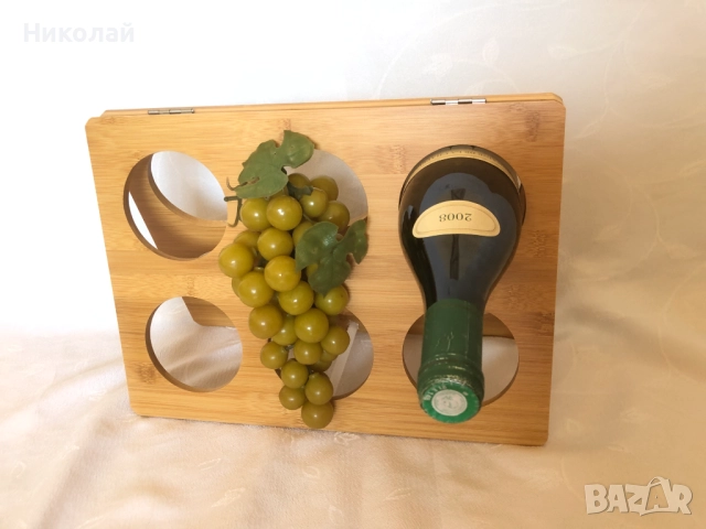Сгъваема бамбукова стойка за вино за 6 бутилки + подарък изкуствен декоративен грозд, практична , снимка 2 - Декорация за дома - 52266951