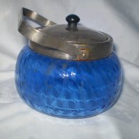 Ретро Бонбониера Синьо стъкло метален капак с дръжка, снимка 3 - Други ценни предмети - 39367235