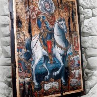 икона Свети Мина на кон със светци 33/23 см - УНИКАТ, декупаж, 105 лв, снимка 2 - Икони - 37177568