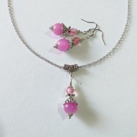 Красив комплект бижута с камъни Розов кварц и орнаменти в цвят Сребро , снимка 3 - Бижутерийни комплекти - 37684123