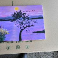 ИЗОБРАЗИТЕЛНИ Картини на платно - Пейзаж Дърво на брега- Синьо виолетов фон 30/25 - 20лв., снимка 1 - Картини - 27114239