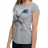 Нова дамска сива тениска с 3D принт Котка със сини очи, снимка 3 - Тениски - 29126621