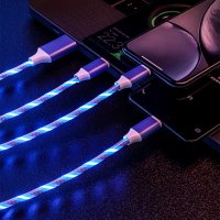 Универсален, светещ, троен кабел с накрайници за iPhone / TYPE C / microUSB, снимка 5 - USB кабели - 43897580