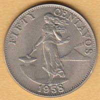 50 центаво 1958, Филипини, снимка 1 - Нумизматика и бонистика - 38500836