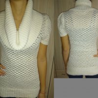 Бяла плетена блуза с яка, снимка 1 - Блузи с дълъг ръкав и пуловери - 27455875