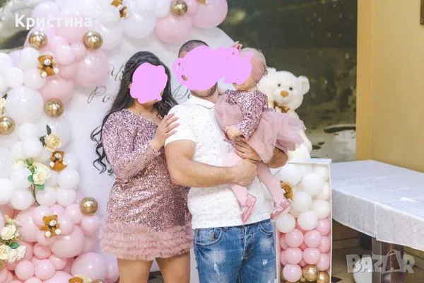 Комплект розови рокли за майка и дъщеря от кадифе с пайети и тюл!, снимка 1